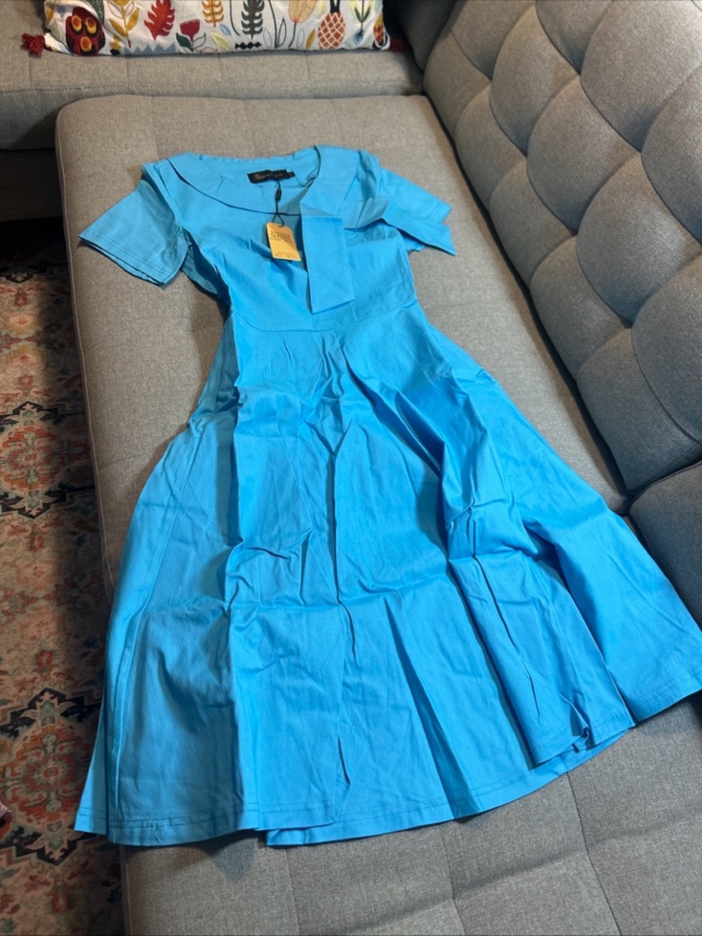 Sky-Blue Midi Fit-and-Flare Dress with Neck Tie w/ Pockets